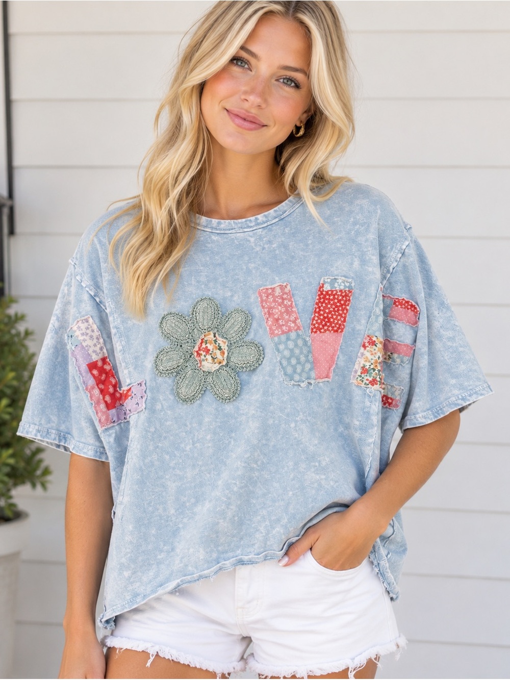 J.Her Mineral Wash blue top with Plaid Accents – 100% Cotton small patchwork